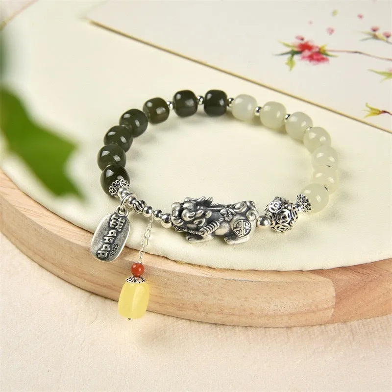 Pure silver retro coin bracelet with genuine 8x7mm Hetian jade stones in natural colour