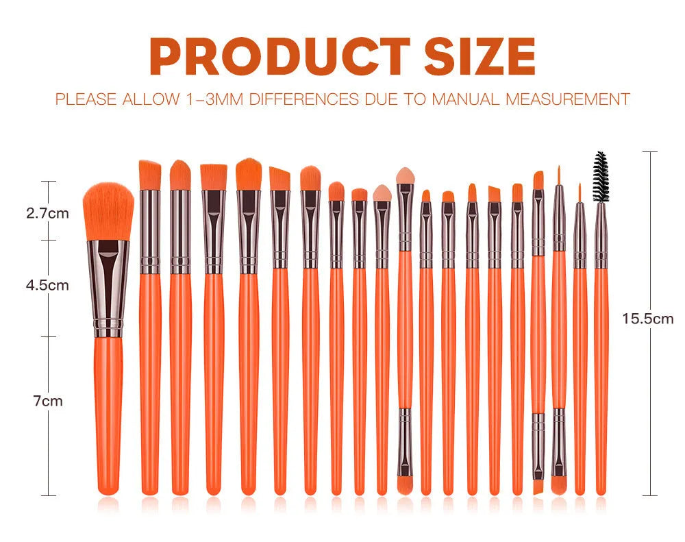 20pc fluorescent makeup brush set with blush, powder, eyeshadow, lip and mascara brushes in nylon wool and plastic