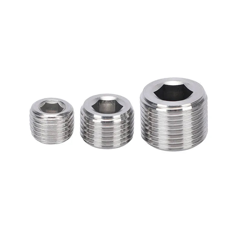 Stainless steel hexagon plug for 3/8 inch threaded pipe, showing hexagonal head.
