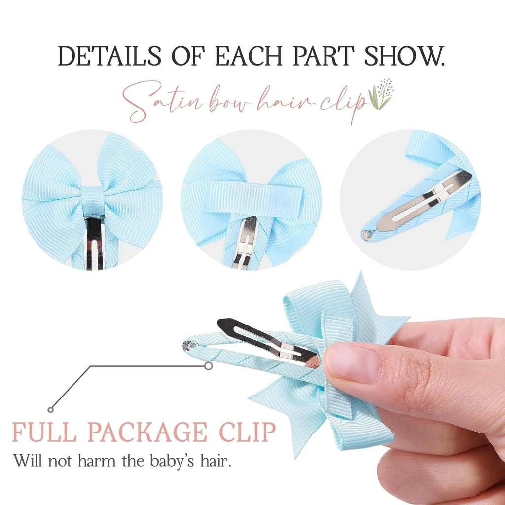 40 piece set of grosgrain ribbon baby hair bows with fully wrapped snap clips in multiple solid colours