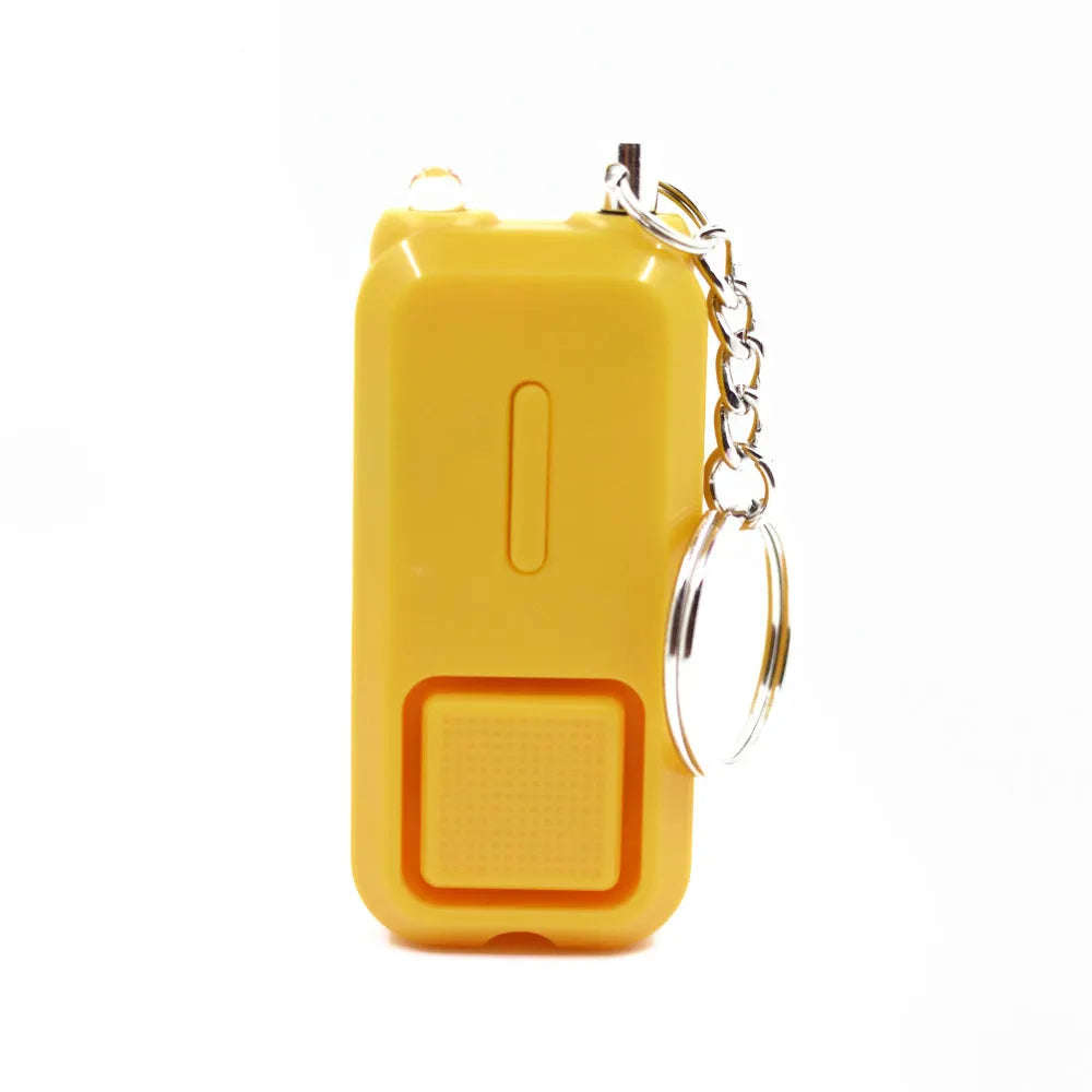 ZQ-202 personal safety alarm in pink, black, white, yellow, or green colours on a keychain.