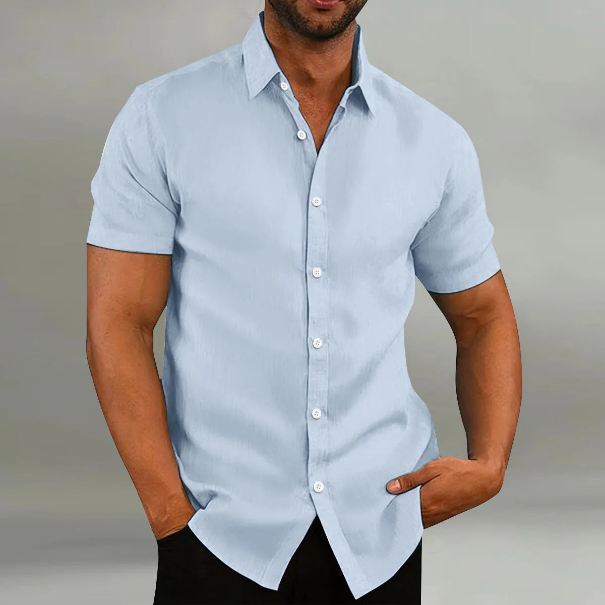 Men's cotton blend casual short sleeves cardigan shirt in eight colours with non-ironing treatment
