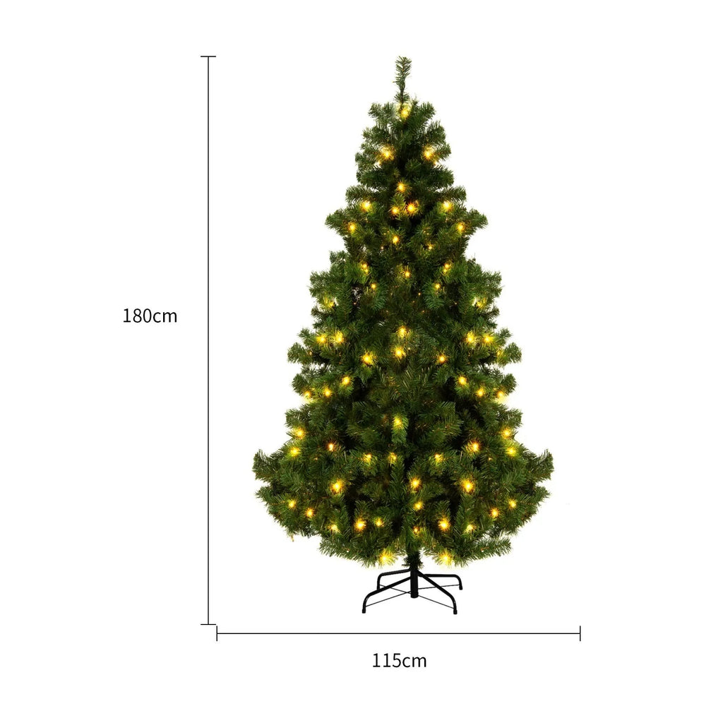 Green and white snow-dusted artificial PVC Christmas tree with metal stand, 180cm and 230cm size options.
