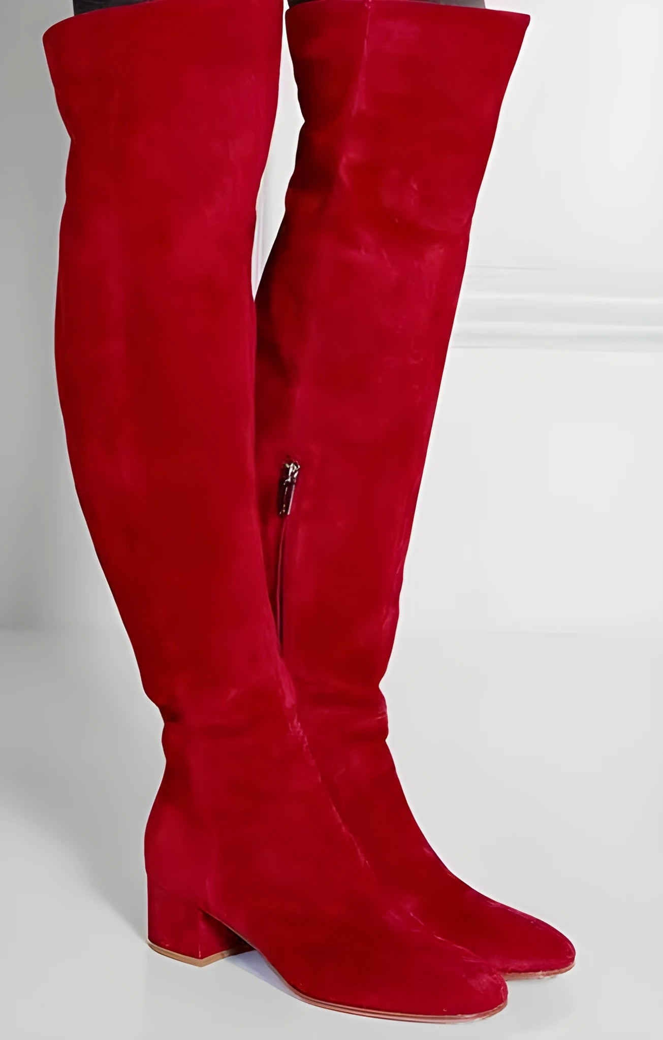 Women's grey suede flat over-the-knee boots with pointed toe and low thick heel