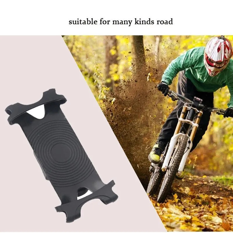 Silicone bicycle phone holder mounted on a handlebar showing its three-hole adjustment system.