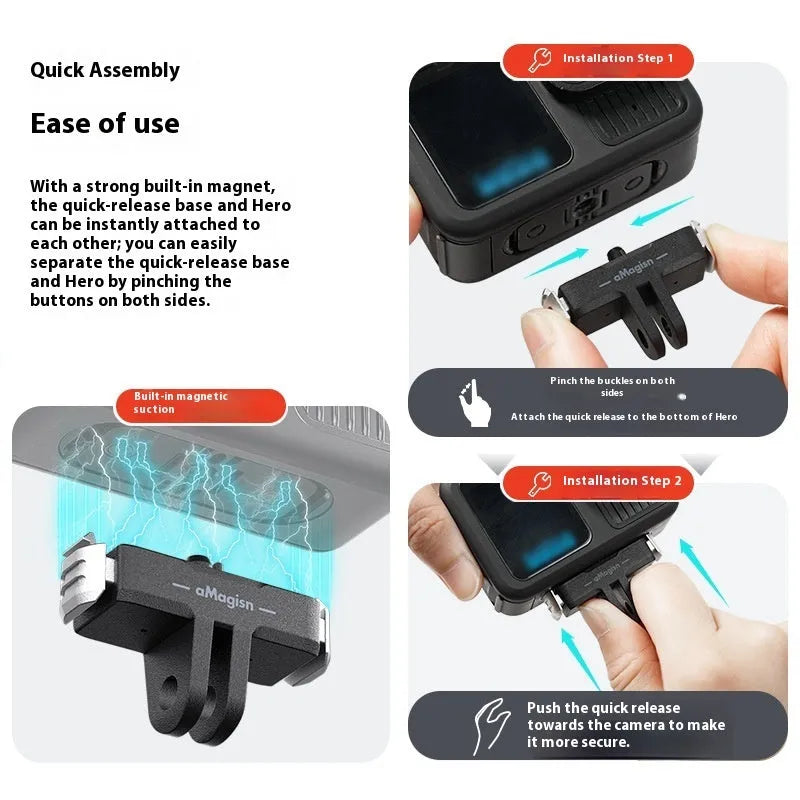 Magnetic quick release base adapter for GoPro Hero13 Black in ABS plastic and stainless steel