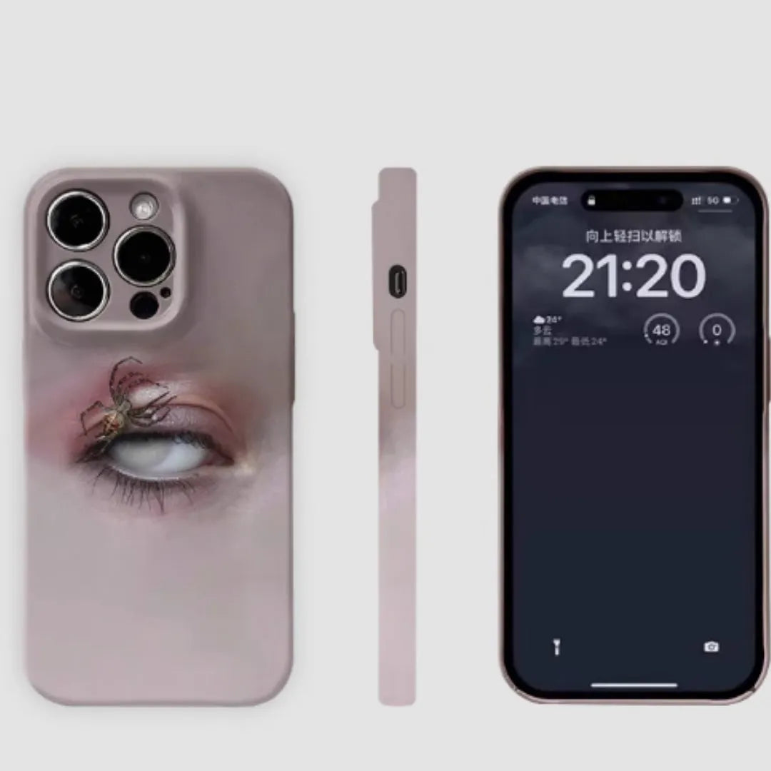 Dark heterochromatic spider design on a frosted resin protective case for iPhone.
