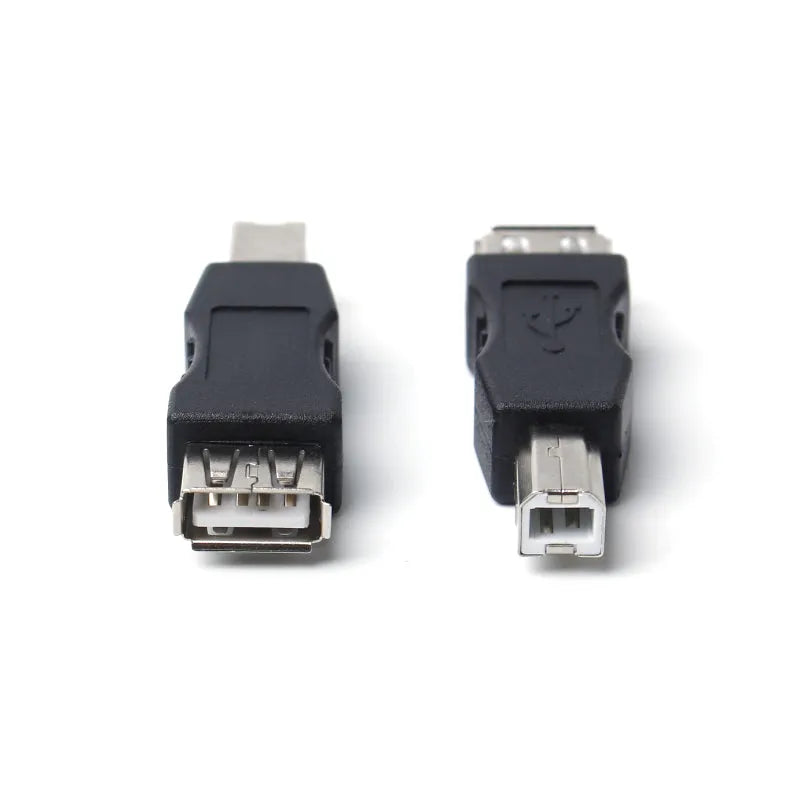 USB female to printer male adapter in black with copper wire and injection-moulded housing