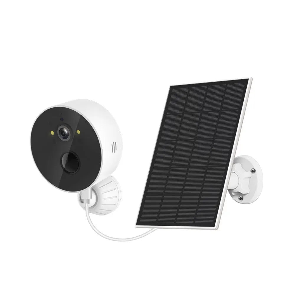 Outdoor solar-powered security camera with solar panel for battery charging.