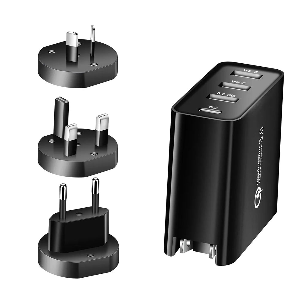 Black 48W USB-C four-port wall charger with UK plug on a white background