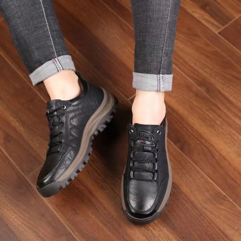Plus size men's outdoor shoes in black or brown with artificial PU upper, rubber sole, and front lace-up, sizes 39-48