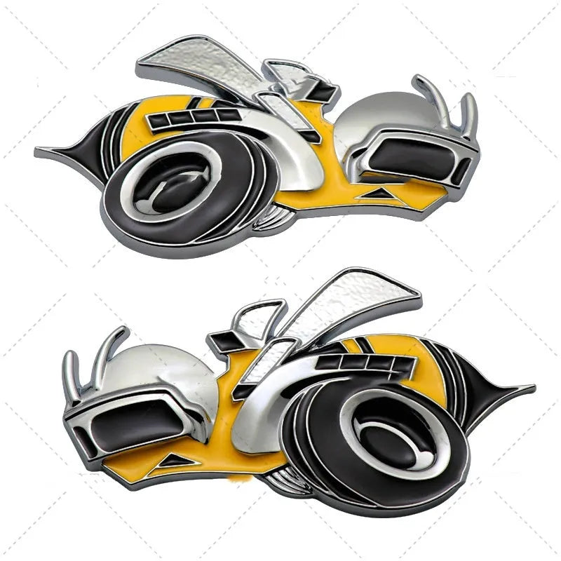 Large zinc alloy Big Bee pattern bumper sticker measuring 11.2 by 6.2 cm in yellow and silver.