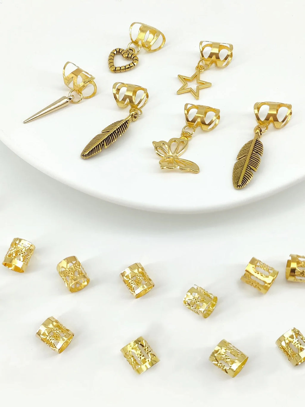 Pack of gold antique-style alloy hair rings with leaves design for braids.