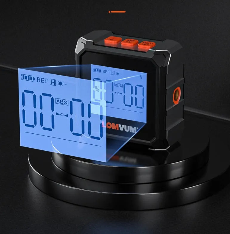 Longyun digital laser tape measure with black alloy casing, backlit display, and magnetic strips on the back.