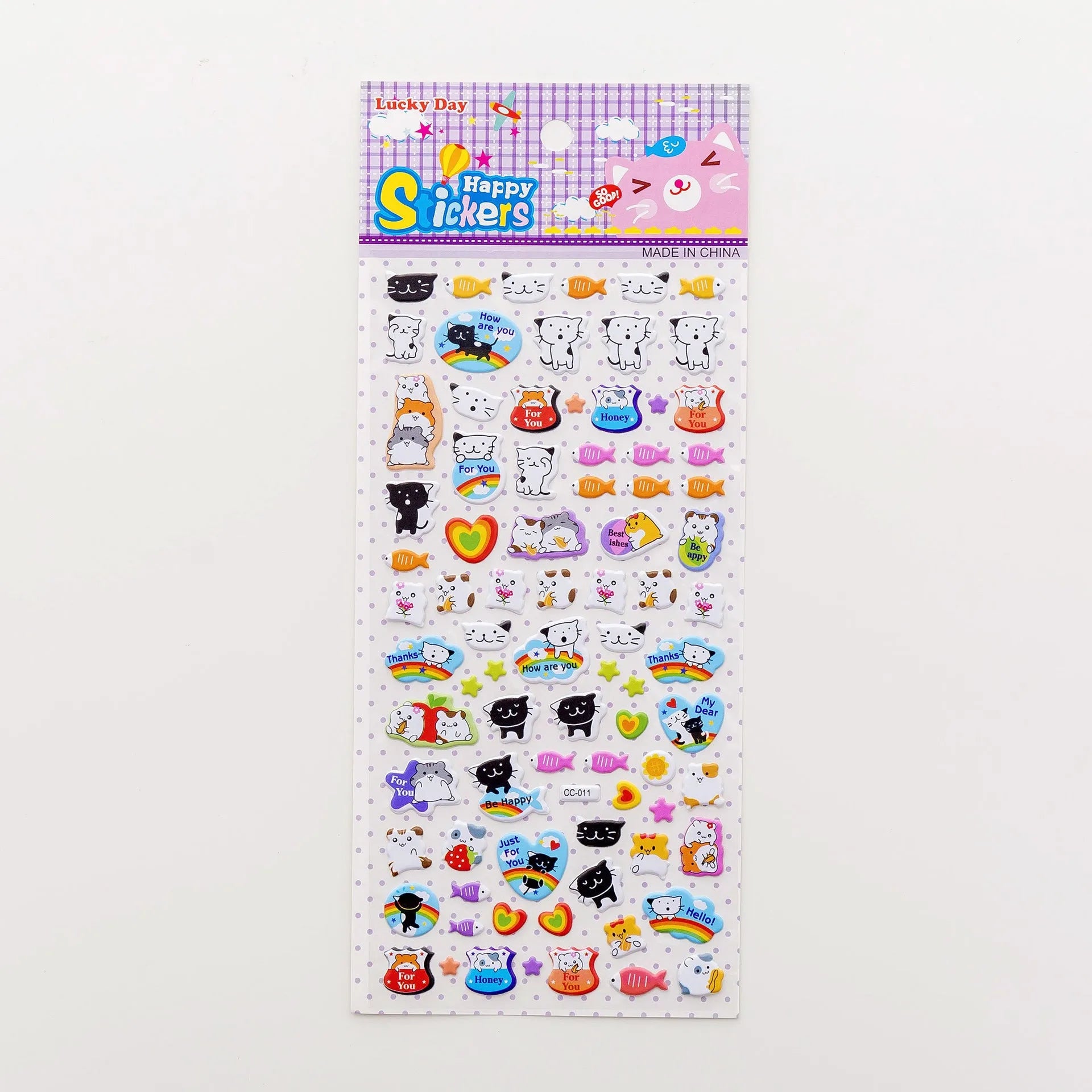 Sheet of cartoon-themed three-dimensional bubble stickers with raised surfaces on various designs like an alpaca, dinosaur, and bow tie cat.