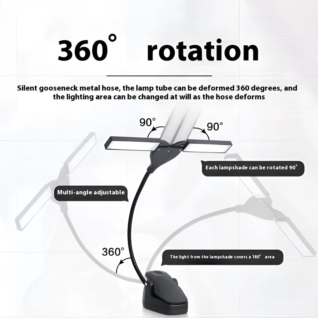 Rechargeable black music stand lamp with 28 LEDs and a USB cable.