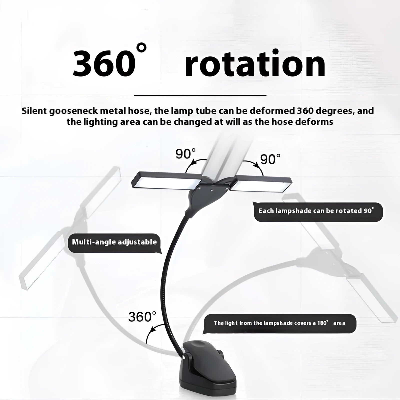 Rechargeable black music stand lamp with 28 LEDs and a USB cable.