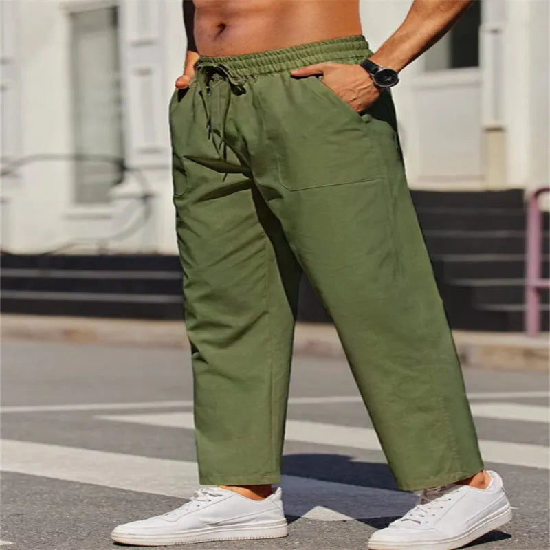 Men's straight-leg linen casual trousers in apricot colour with an elastic waistband