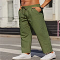 Men's straight-leg linen casual trousers in apricot colour with an elastic waistband