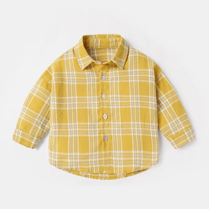 Boys' long sleeve cotton shirt with lattice and cartoon patterns in khaki, shown on a hanger