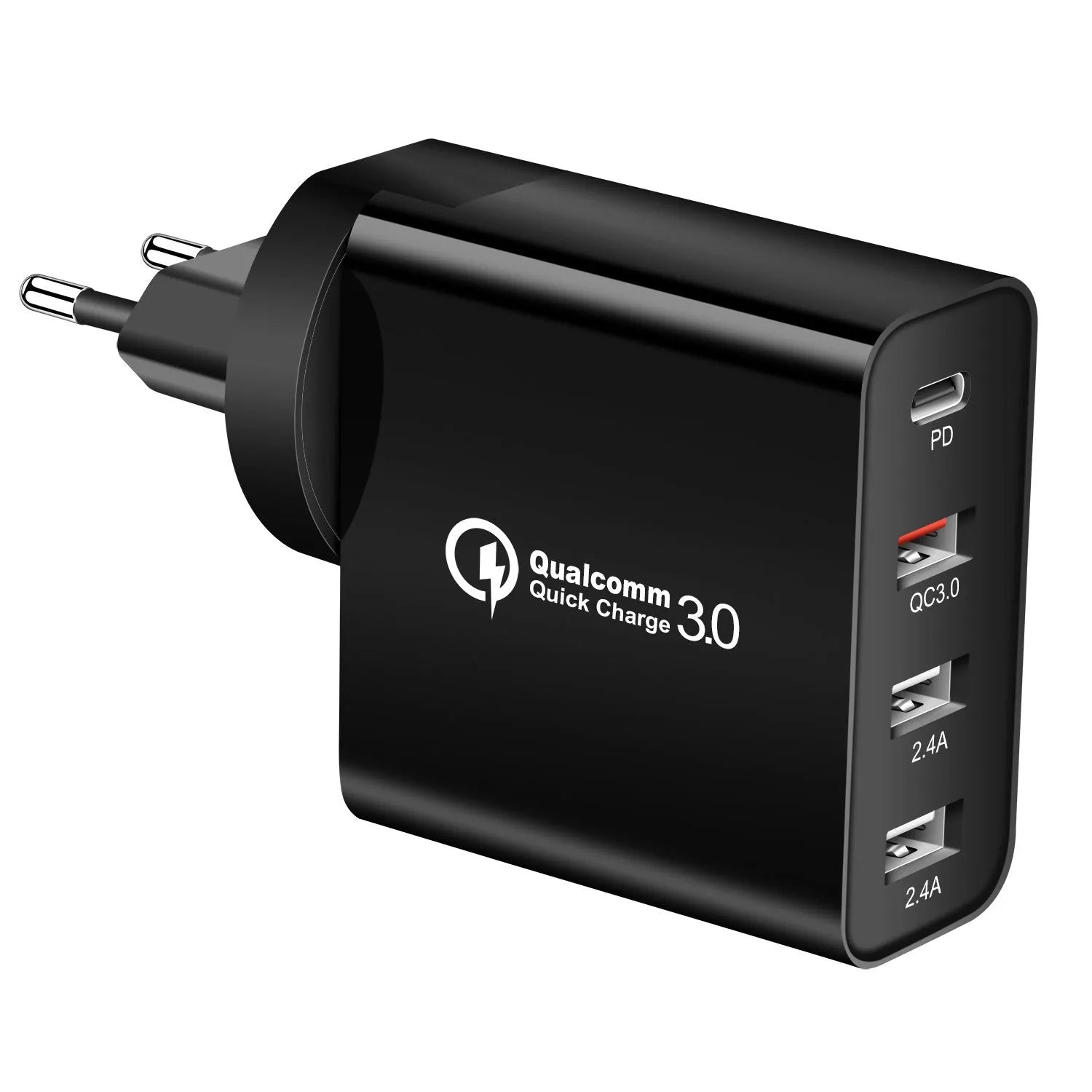 Black 48W USB-C four-port wall charger with UK plug on a white background