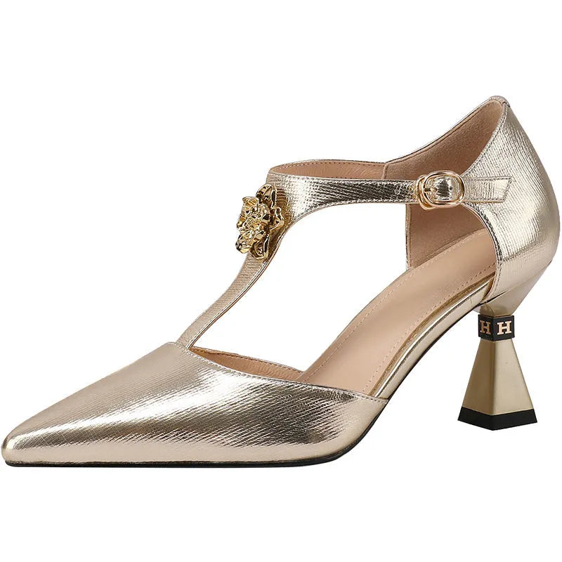 Women's genuine leather hollowed sandals with pointed toe in gold and silver colour options