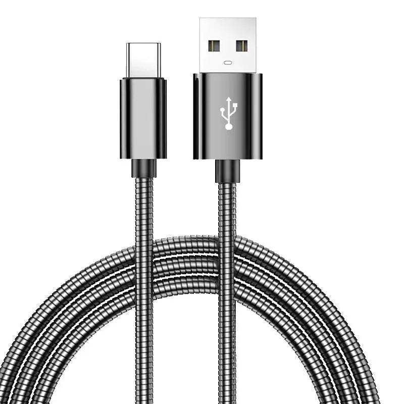Stainless steel spring data cable cover in black or local gold, for Lightning Micro USB Type-C, 1m to 2m.