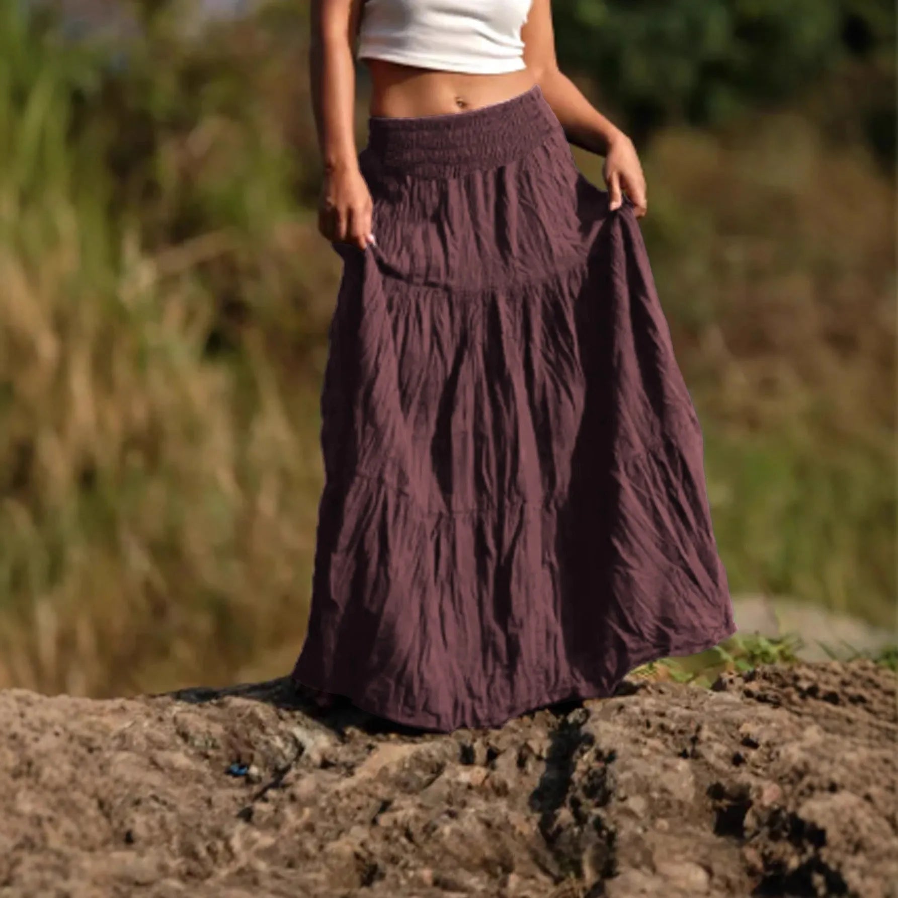 Women's mid-length waist smocking retro viscose patchwork skirt with folding detail