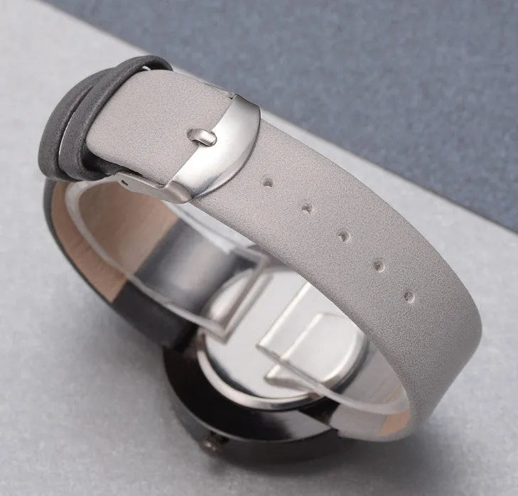 Women's grey contrast PU strap quartz watch with 40mm alloy case, pin buckle, and ordinary glass mirror
