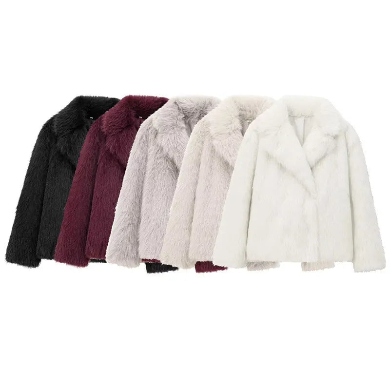 Women's solid colour faux fur jacket with lapel collar and long sleeves in beige, shown front view