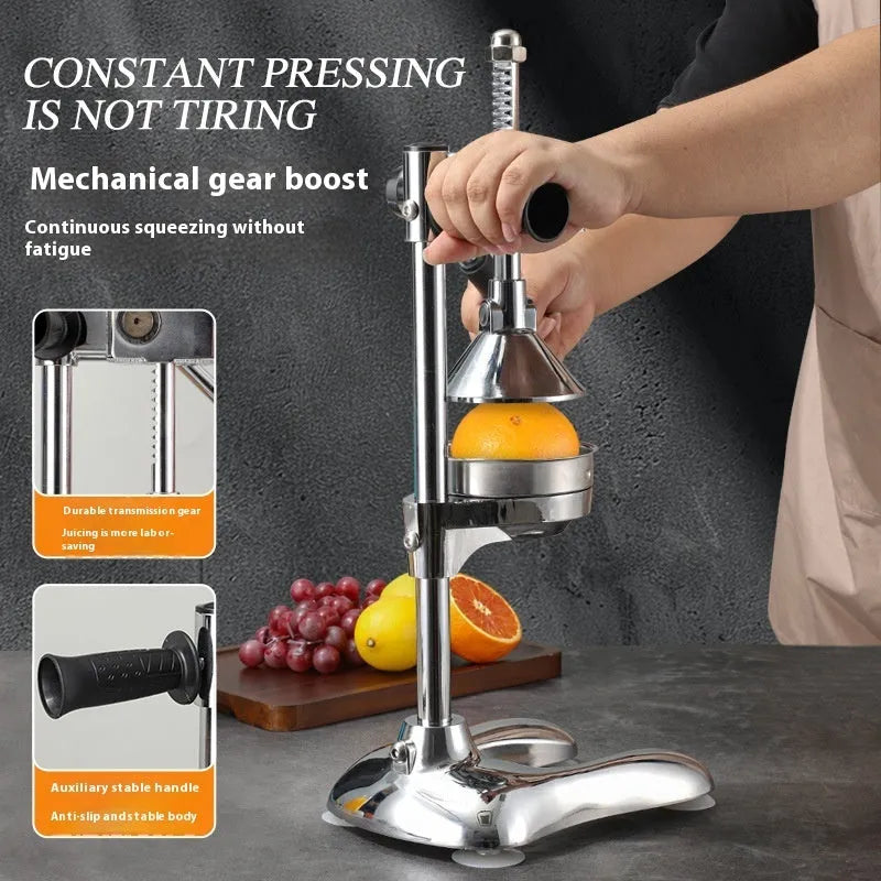 Stainless steel vertical manual juicer on a kitchen countertop in a choice of colours.