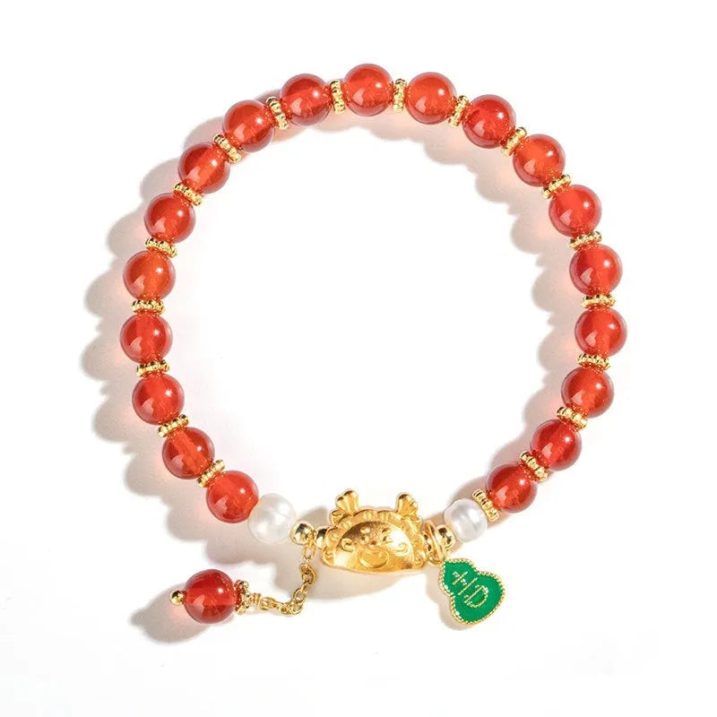 Natural agate crystal bracelet with 8mm diamond-cut beads and zodiac dragon design