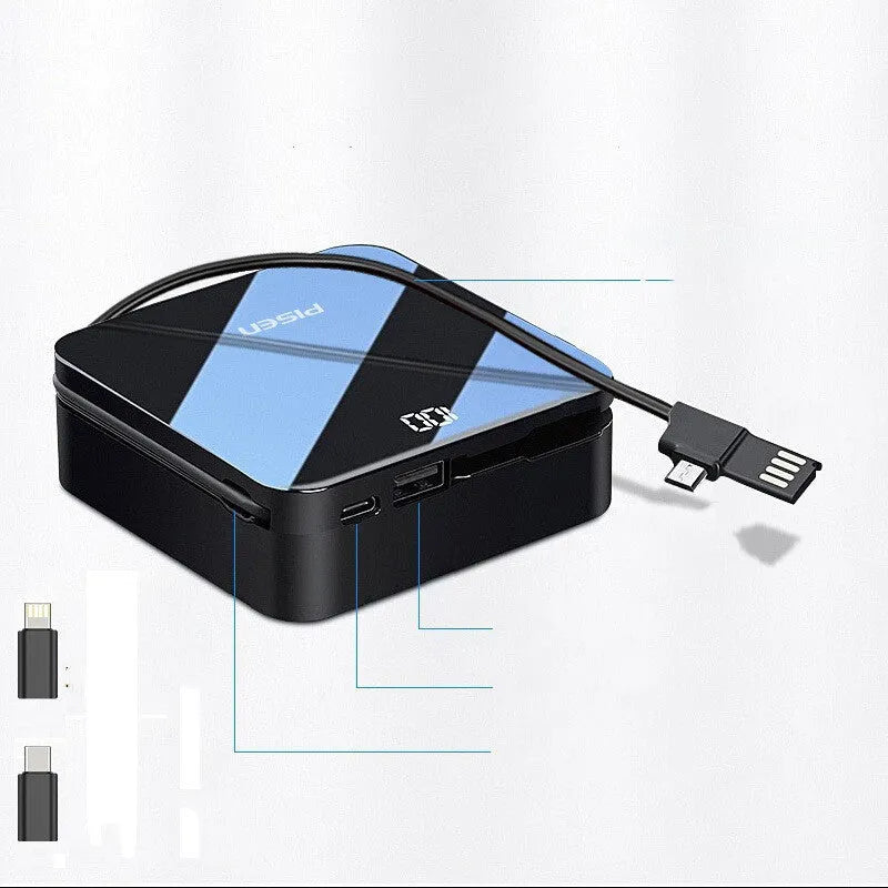 20000mAh black polymer power bank with built-in cable and screen display, 87x87x33mm size