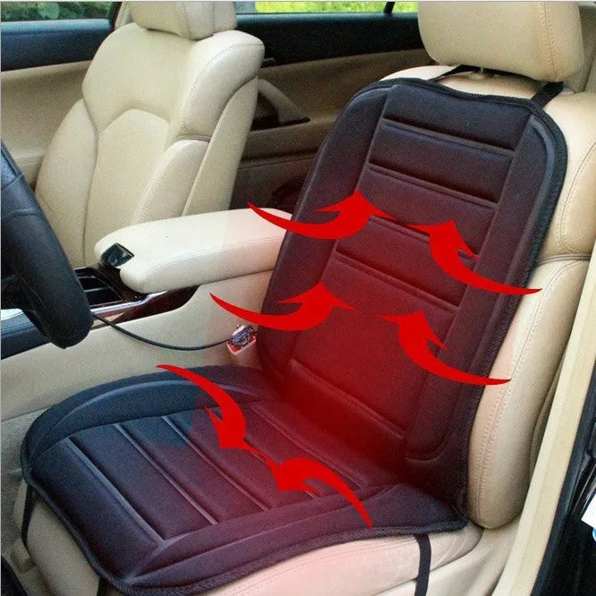 Black 12V car heating cushion with Hi/Lo control, elastic straps, 97x47x1cm, for car and RV seats