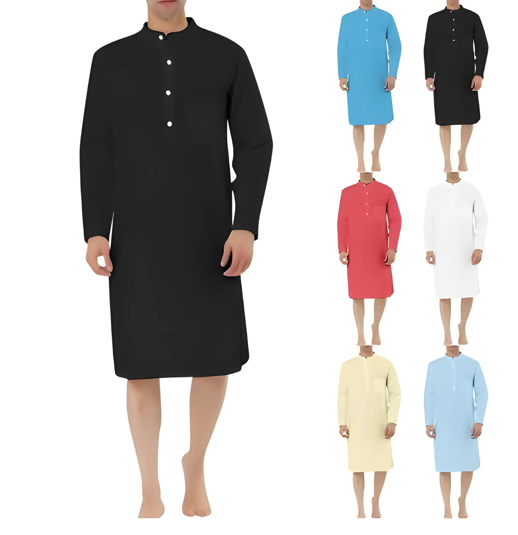 Men's light blue cotton shirt robe with front pockets hanging on a hanger.
