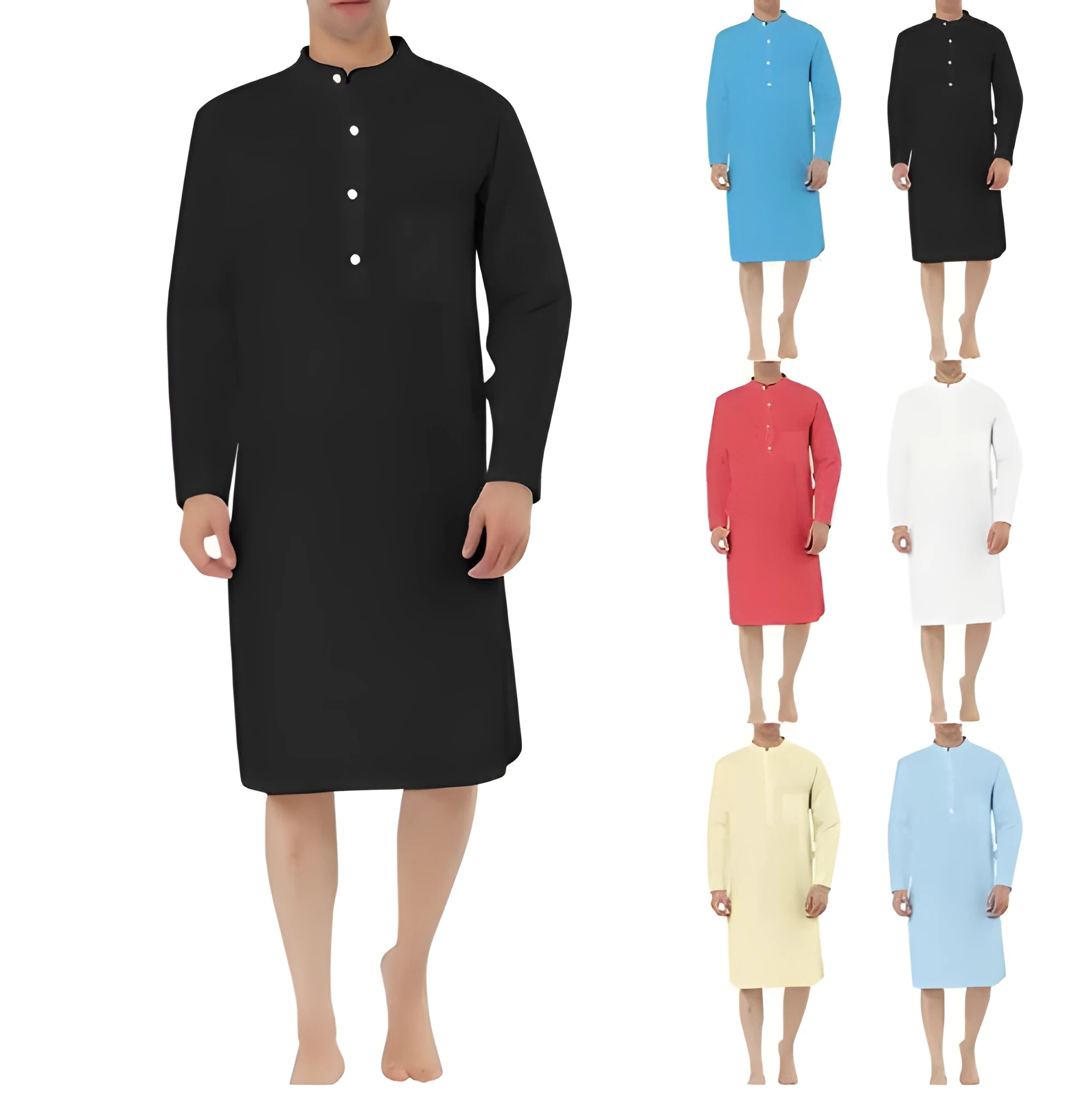 Men's light blue cotton shirt robe with front pockets hanging on a hanger.