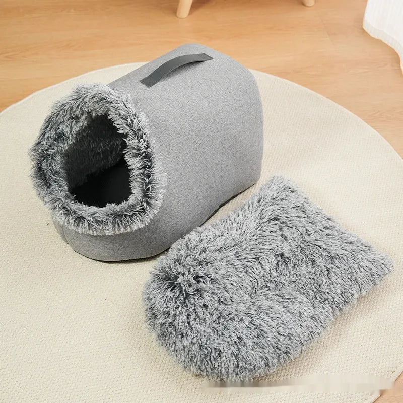 Thickened plush winter cat bed closed nest with handle in brown linen material on floor