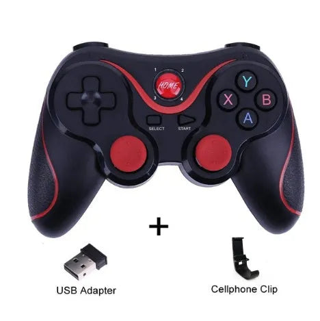 Upgraded X3 Bluetooth wireless game controller for Android phones in black or white, shown with phone clip attached.