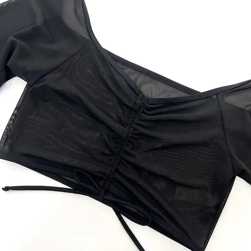 Black mesh bikini four-piece swimsuit set with long sleeves and briefs style for women