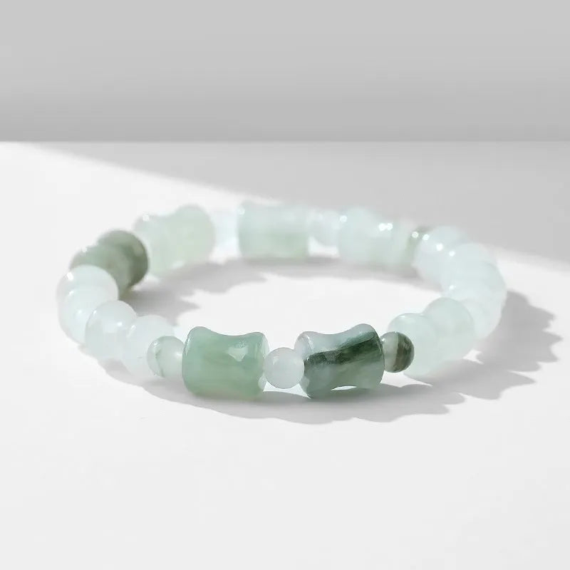 Natural chalcedony beaded bracelet with diamond-shaped Tianshan emerald beads and safety lock clasp