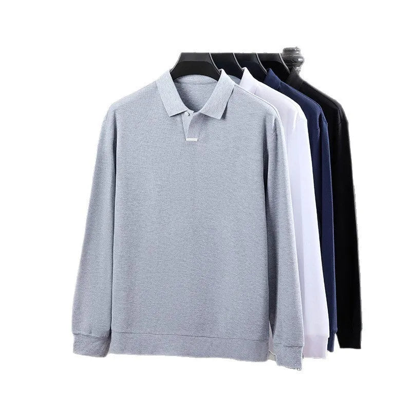 Men's loose-fit cotton polo shirt with asymmetric collar and long sleeves in grey.