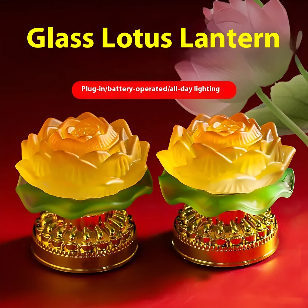 Yellow Chinese style ABS plastic lotus lamp for Buddha altar decoration, shown in bud and flowering styles.