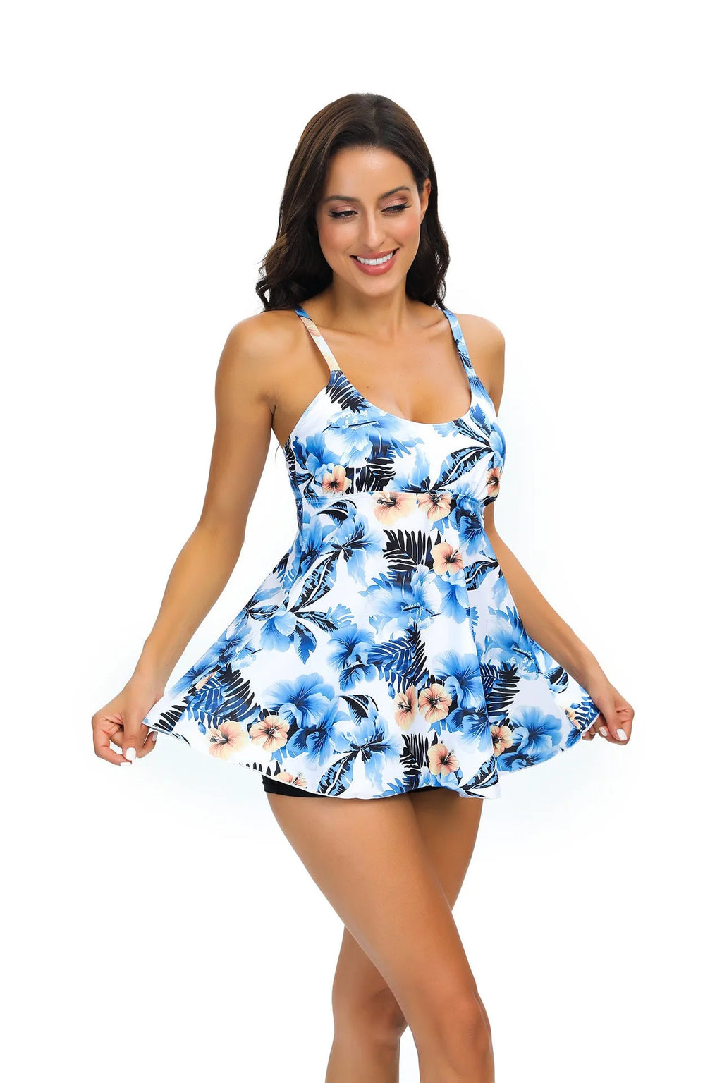 Women's floral printed tankini swimsuit with loose skirt bottom in various colour options