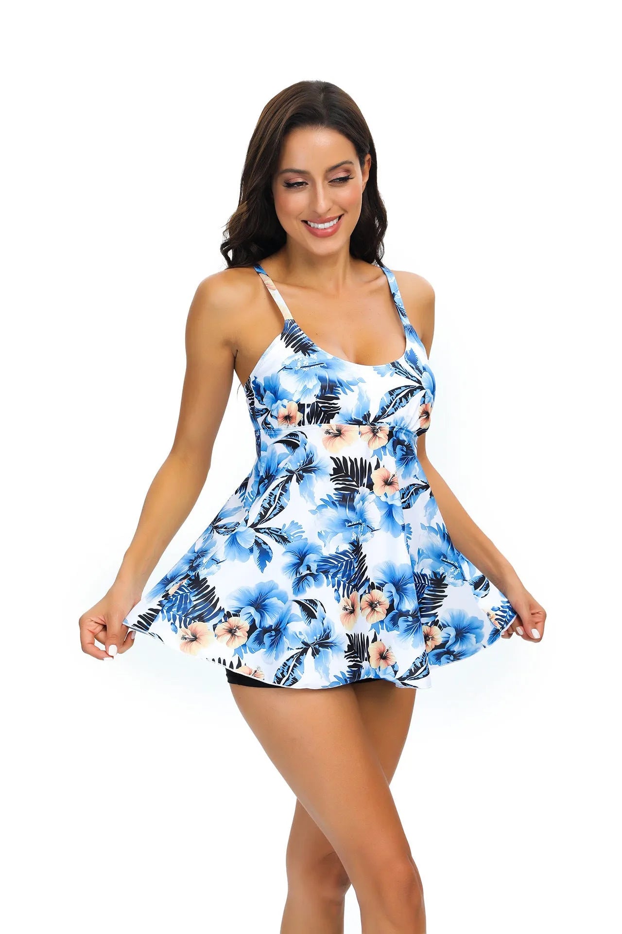 Women's floral printed tankini swimsuit with loose skirt bottom in various colour options