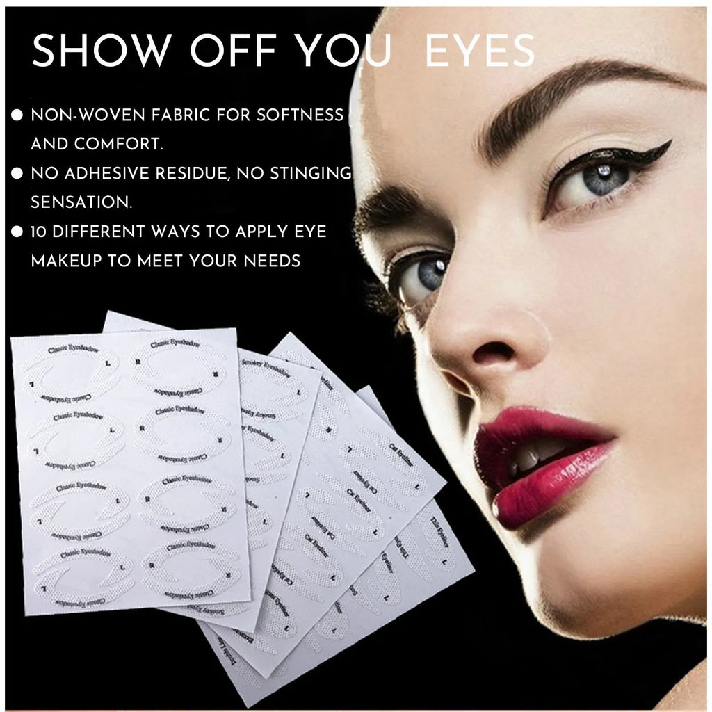 Set of four clear, flexible eyeliner and eyeshadow makeup stencil templates on a pink background.