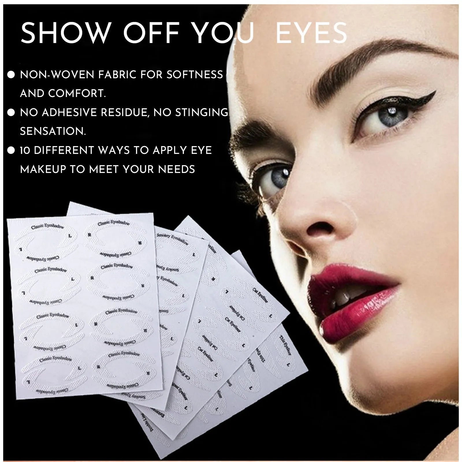 Set of four clear, flexible eyeliner and eyeshadow makeup stencil templates on a pink background.