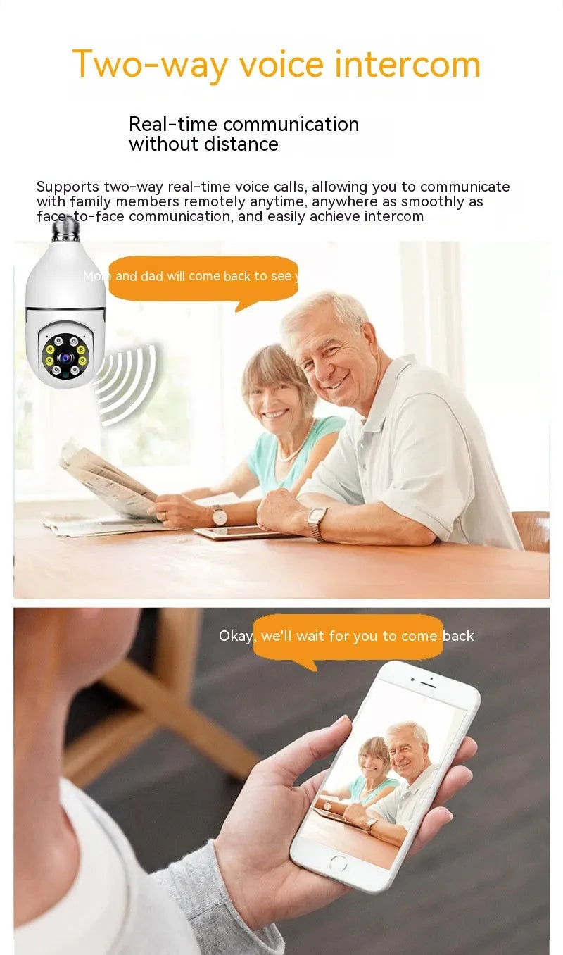 White wireless wifi bulb security camera with lens, showing 5cm diameter and 12cm height.