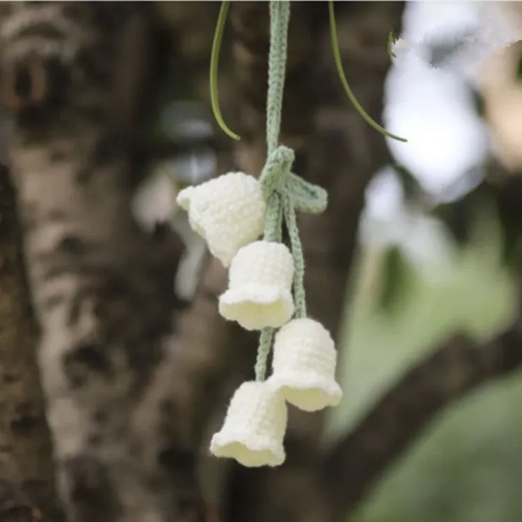 Green and white knitted wool car plant decoration with basin base and hanging rope