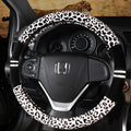 Plush car steering wheel cover with leopard grain pattern in beige, for GM models, 38cm diameter