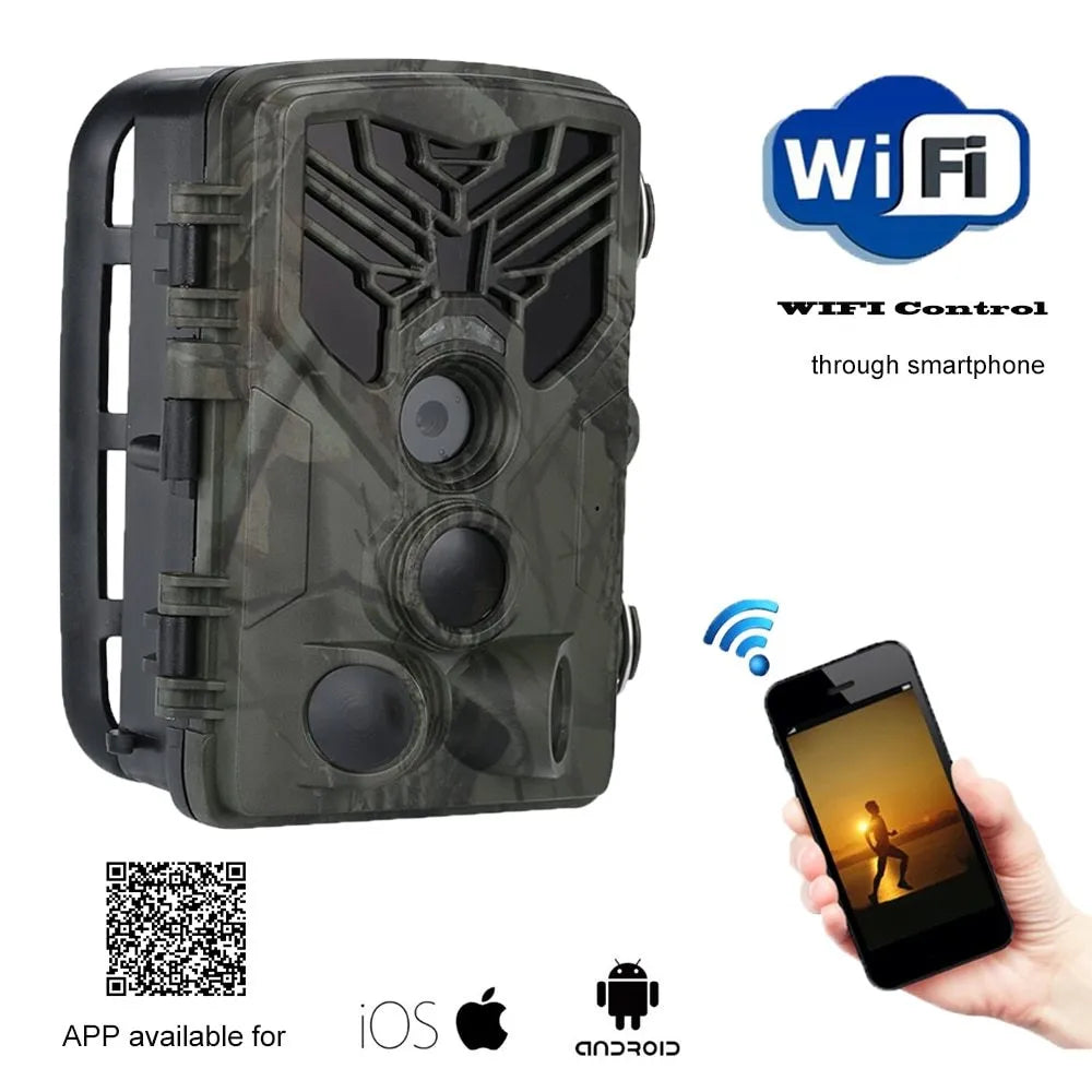 Wifi830 wireless trail camera with camouflage design on tree branch, showing compact size and infrared LEDs.